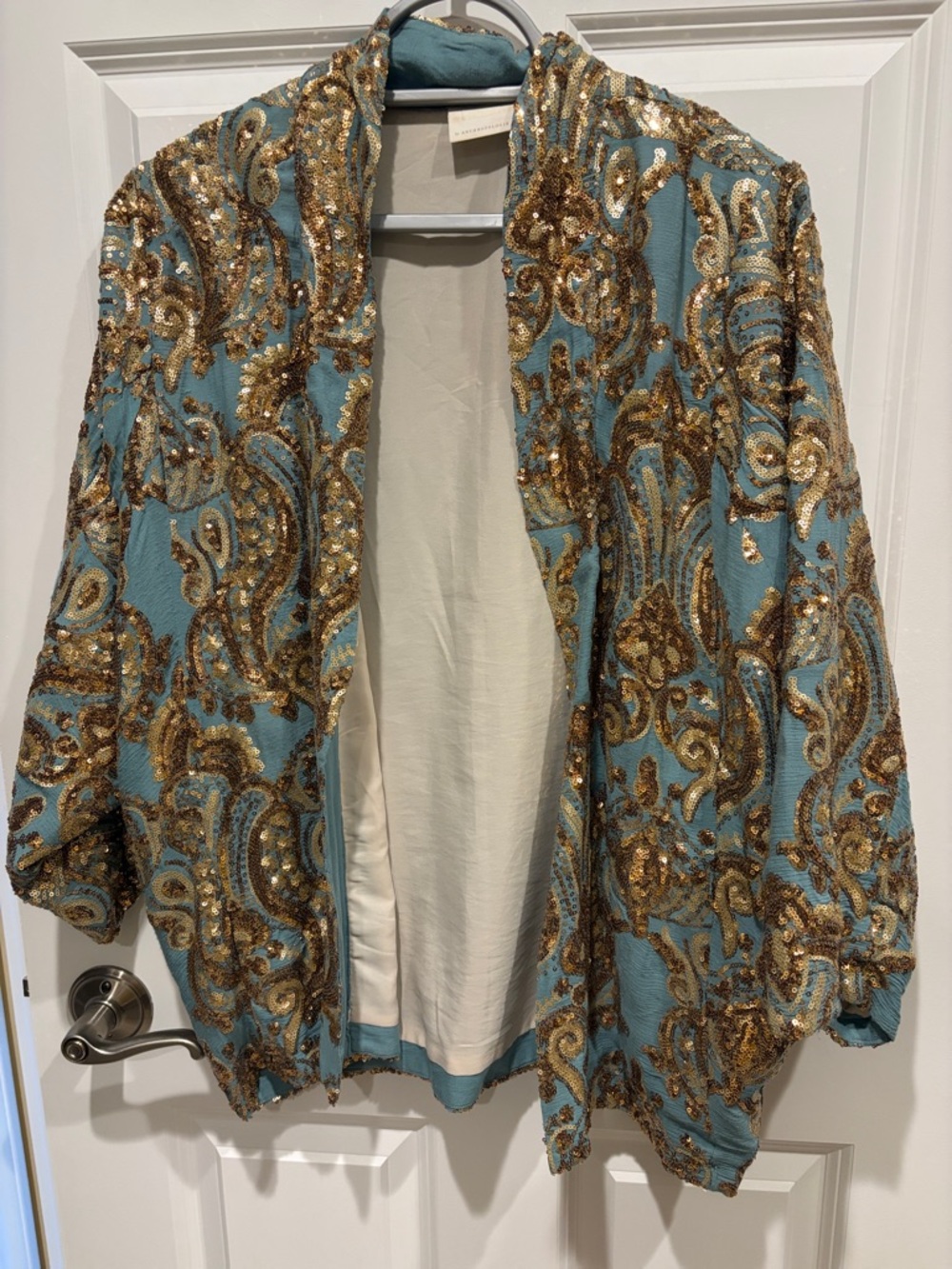 Anthropologie Blue and Gold Sequin Paisley Jacket